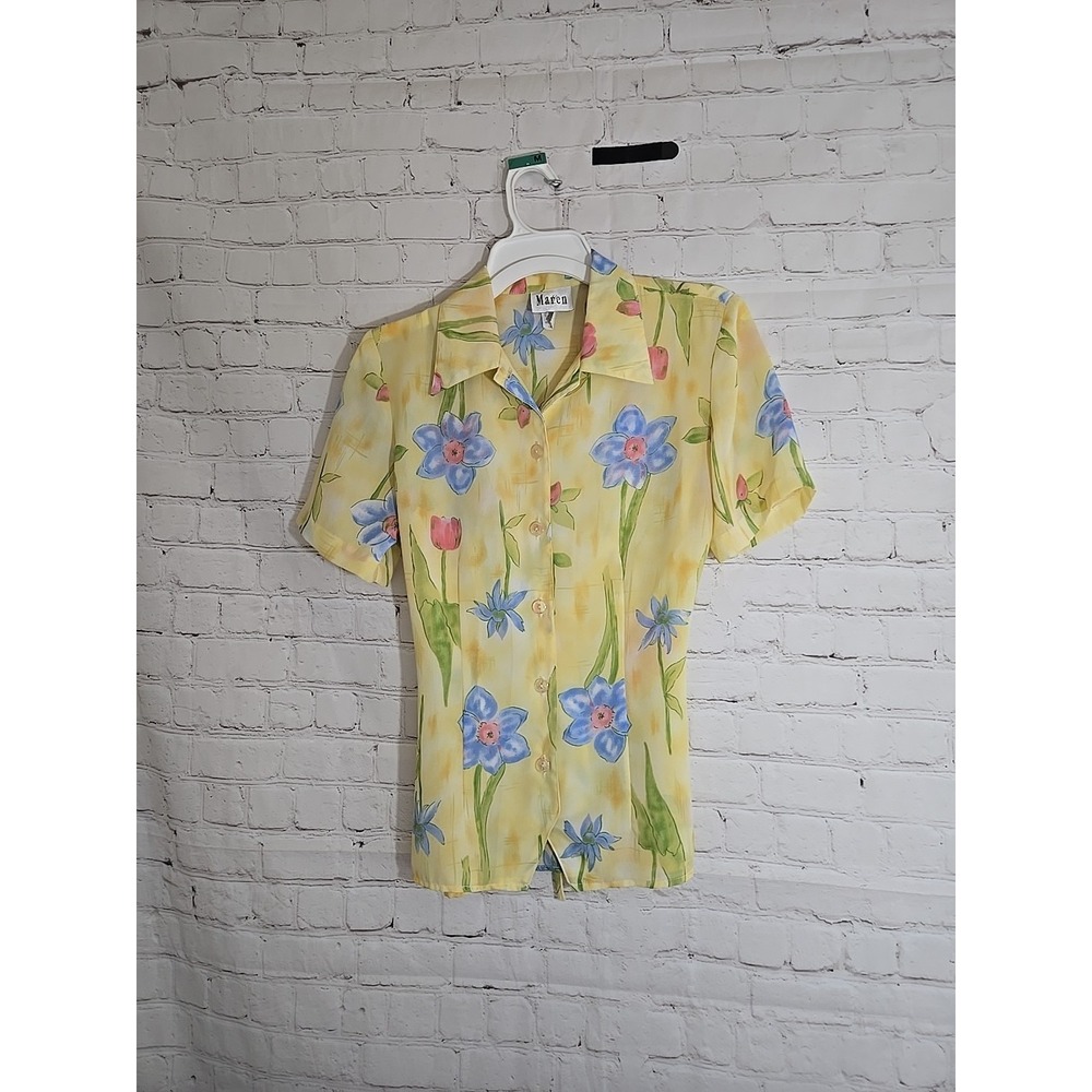 American Vtg 90s Yellow Sheer Blouse Sz Sm Tie Back Boho Cottage Romantic Fairy